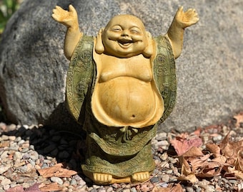 SUPER HAPPY HOTEI (Premium Color Options): Durable Solid Stone Statue. Unique Home Garden Gift Decor. Sealed for Outdoors. Handcrafted U.S.A