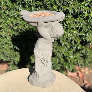 VINTAGE CHERUB BIRDFEEDER: Petite Solid Stone Greek Roman Statue. Home Decor Garden Art Accent Gift. Sealed for Outdoors. Handcrafted U.S.A