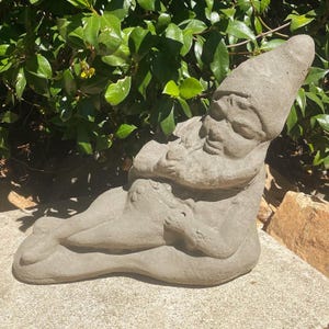 VINTAGE CHILLAXING GNOME: Large Solid Stone Statue. Garden Decor. Outdoor Safe. Handcrafted U.S.A.