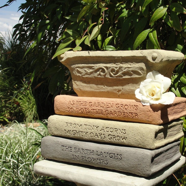 LIBRARY PLANTER (Title & Color Options): Solid Stone Book Saucers w/ Herb Box. Creative Thought Gift. Sealed for Outdoors. Handcrafted U.S.A