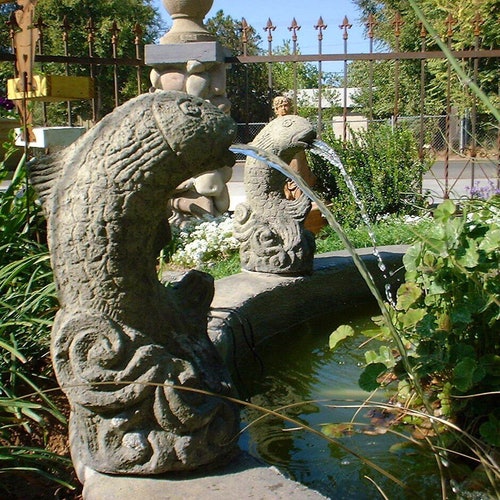 VINTAGE FISH SPITTER: Solid Stone Plumbed Statue w/ Aged Detail. Home Design, Atrium, Outdoor Fountain Pond Accent. Handcrafted in U.S.A
