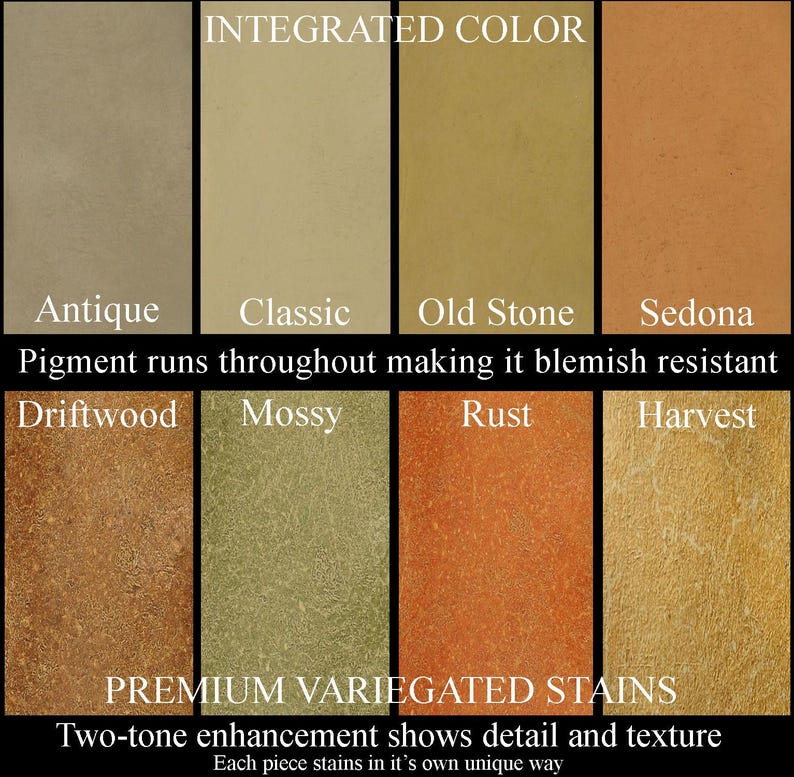 May include: A color chart displaying eight rectangular swatches labeled Antique, Classic, Old Stone, Sedona, Driftwood, Mossy, Rust, and Harvest. Text includes INTEGRATED COLOR, Pigment runs throughout making it blemish resistant, PREMIUM VARIEGATED STAINS, Two-tone enhancement shows detail and texture, and Each piece stains in it's own unique way.