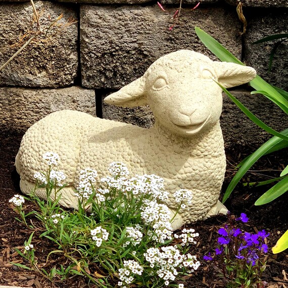 VINTAGE LAYING LAMB: Solid Stone Sheep Statue. Outdoor Landscape Garden Safe! Handcrafted U.S.A.