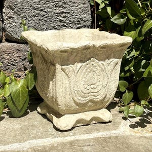 VINTAGE LOTUS PLANTER: Solid Stone Flowerpot Container. Home & Garden Patio Decor. Handcrafted U.S.A.