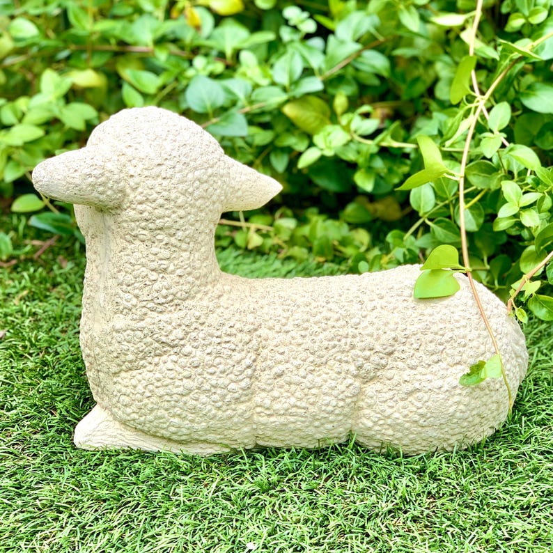 VINTAGE LAYING LAMB: Solid Stone Sheep Statue. Outdoor Landscape Garden Safe! Handcrafted U.S.A. image 6