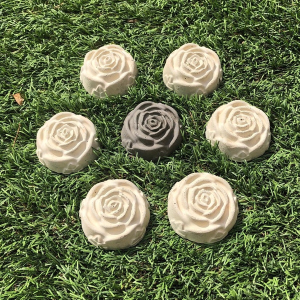 VINTAGE ROSETTE FLOWER (Set & Color Options): Solid Stone Sculpture w/ Aged Detail. Home Design Sealed for Outdoor Use. Handcrafted in U.S.A