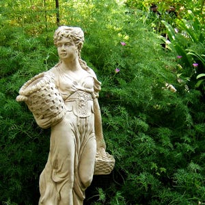 VINTAGE GIRL w/ BASKET (4 Color Options): Tall Durable Solid Stone Statue. Unique Home Garden Decor. Sealed for Outdoors. Handcrafted U.S.A