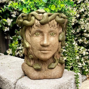 MEDUSA HEAD PLANTER: Solid Stone Flower Pot Bust. Home & Garden Statue. Handcrafted U.S.A.