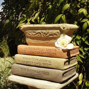 LIBRARY PLANTER (Title & Color Options): Solid Stone Book Saucers w/ Pot. Creative Personable Gift. Sealed for Outdoors. Handcrafted U.S.A