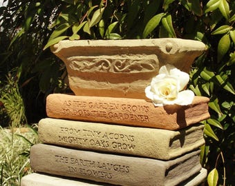 LIBRARY PLANTER (Title & Color Options): Solid Stone Book Saucers w/ Pot. Creative Personable Gift. Sealed for Outdoors. Handcrafted U.S.A