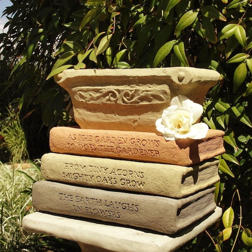 LIBRARY PLANTER (Title & Color Options): Solid Stone Book Saucers w/ Pot. Creative Personable Gift. Sealed for Outdoors. Handcrafted U.S.A
