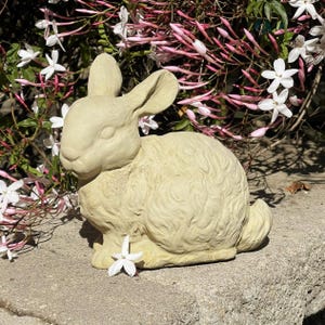 May include: A light beige, sculpted rabbit figurine with textured fur detailing, long upright ears, and a rounded body. The rabbit is depicted in a seated position, showcasing a smooth, matte finish across its entire form, capturing the animal's likeness.