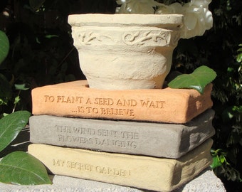 LIBRARY PLANTER (Title & Color Options): Solid Stone Book Saucers w/ Pot. Creative Thoughtful Gift. Sealed for Outdoors. Handcrafted U.S.A