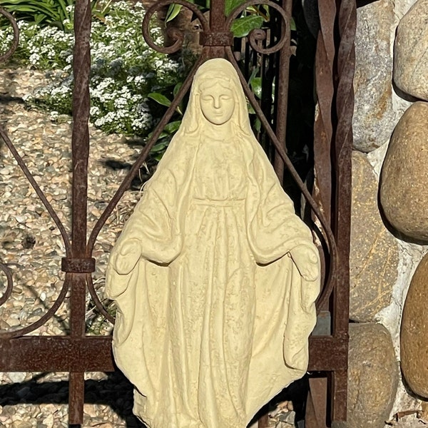 VINTAGE TRADITIONAL MARY (4 Color Options): Solid Stone Statue w/ Distressed Texture. Home Design, Sealed for Outdoors. Handcrafted in U.S.A