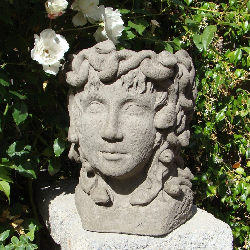 MEDUSA HEAD PLANTER Solid Stone Roman Goddess Face Planter. 