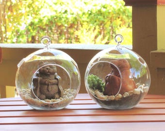 ZEN SERENITY TERRARIUM: Solid Stone Sculpture, Decorative Pebbles, Glass Globe. Just Add Plants.