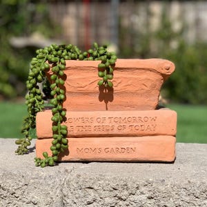 May include: A terracotta-coloured planter with a decorative rim, resting on two stacked rectangular blocks. The blocks are inscribed with the phrases "FLOWERS OF TOMORROW, SOW THE SEEDS OF TODAY" and "MOM'S GARDEN". Trailing green plant stems cascade down the front.