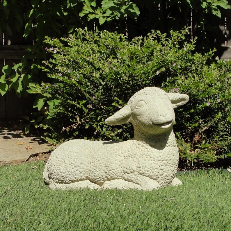 VINTAGE LAYING LAMB: Solid Stone Sheep Statue. Outdoor Landscape Garden Safe! Handcrafted U.S.A. image 3