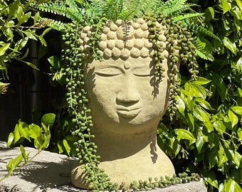BUDDHA HEAD PLANTER (Style & Color Options): Solid Stone Flower Pot. Unique Home Decor Garden Accent. Sealed for Outdoors. Handcrafted U.S.A