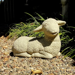 VINTAGE LAYING LAMB: Solid Stone Sheep Statue. Outdoor Landscape Garden Safe! Handcrafted U.S.A. image 1