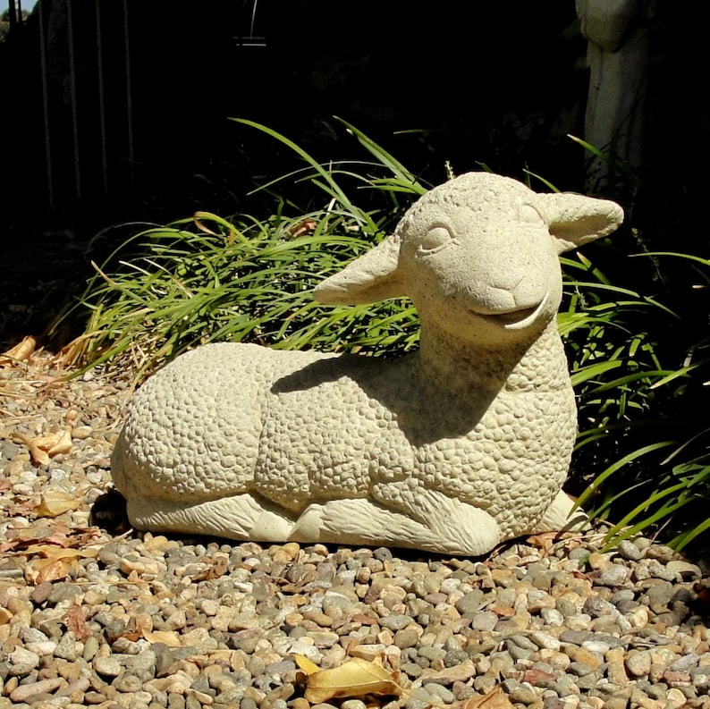 VINTAGE LAYING LAMB: Solid Stone Sheep Statue. Outdoor Landscape Garden Safe! Handcrafted U.S.A. image 1