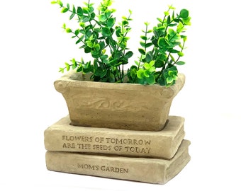 MOM'S LIBRARY PLANTER (Choice of Style & Color): Solid Stone Hand Crafted Books w/ Flower Pot or Herb Box. Creative Thoughtful Gift Décor