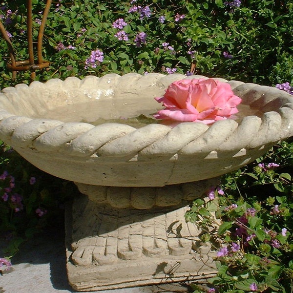 BRAIDED BOWL BIRDBATH (4 Color Options): Solid Durable Stone Bird Bath Feeder. Sealed & Holds Water. Weathered Detail. Handcrafted in U.S.A