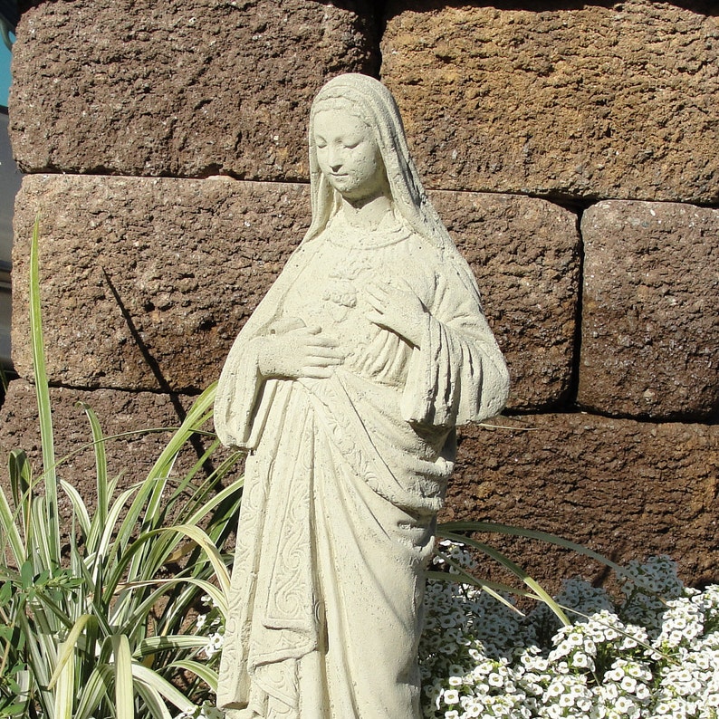 VINTAGE MARY STATUE Choice of color: Solid Durable Stone. Indoor Decor or Outdoor Safe. Weathered Worn Detail & Texture. Handcrafted U.S.A image 5