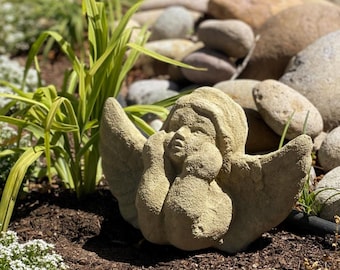 VINTAGE MEMORIAL ANGEL: Solid Stone Garden Statue. Outdoor Safe Grave Marker. Handcrafted U.S.A.