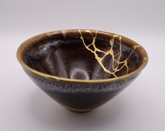 Kintsugi Yuteki Tenmoku Chawan: Tazón de té Wabi-Sabi reparador de oro