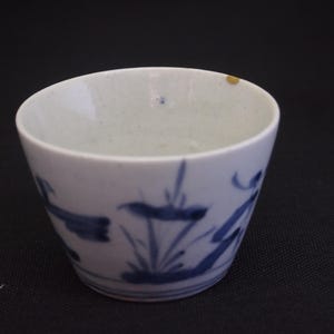 Puede incluir: Una pequeña taza de cerámica cónica con base blanca y motivos botánicos pintados a mano en azul. El exterior presenta patrones estilizados de hierba y hojas, mientras que el interior es blanco con una pequeña mancha marrón.