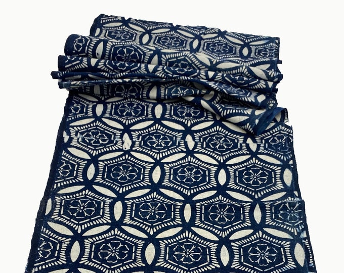 Japanese Katazome. Japanese Cotton. Indigo Dyed. Antique Fabric. Japanese Indigo. Stencil Dyed. Boro Textile. Folk Fabric. Geometric Floral