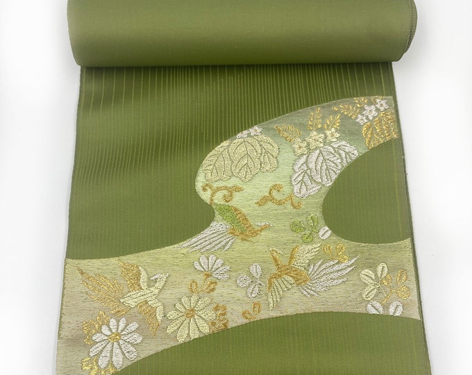 Japanese Obi Fabric. Olive Green Gold Embroidered Brocade. Upholstery Fabric. Table Runner. Wall Hanging. Long Fabric Panel