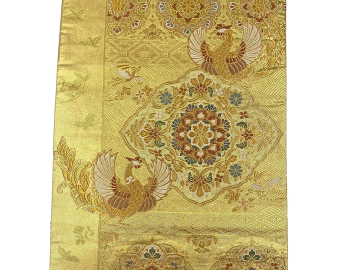 Japanese Obi Fabric. Embroidered Wall Art. Obi Wall Hanging. Hand Woven Brocade. Gold floral Table Runner. Placemat.