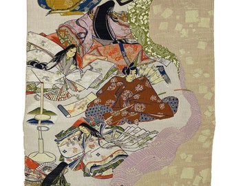 Japanese Obi Fabric. Embroidered Wall Art. Obi Wall Hanging. Hand Woven Brocade. Edo Era Figures. Table Runner. Placemat.