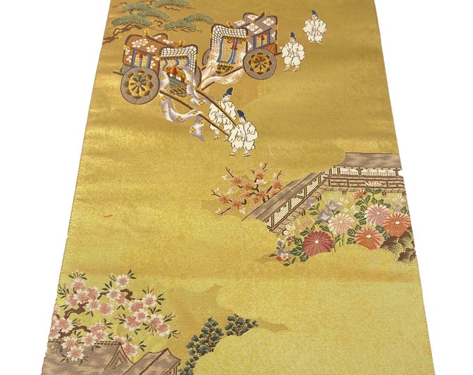 Japanese Obi Fabric. Embroidered Wall Art. Obi Wall Hanging. Hand Woven Brocade. Gold floral Table Runner. Placemat.