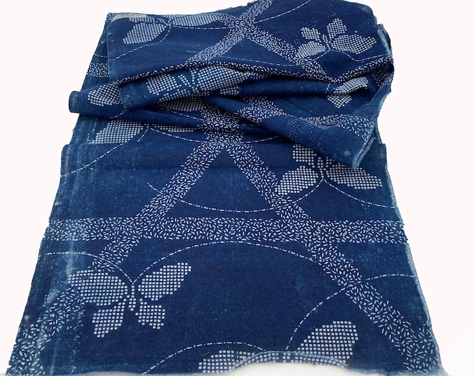 KATAZOME Japanese vintage indigo fabric 50x26cm Stencil dyed Cotton Antique Boro 179
