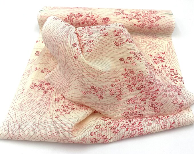 Traditional Japanese Fabric. Vintage Fabric. White Pink Floral Fabric. Kimono Fabric. Polyester. Off White. Cream Fabric