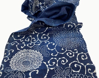 Japanese Katazome. Japanese Cotton. Indigo Dyed. Antique Fabric. Japanese Indigo. Stencil Dyed. Boro Textile Fabric. Chrysanthemum Floral