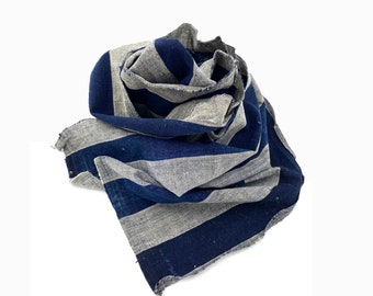 Japanese Indigo Cotton. Vintage Fabric. Kasuri Ikat. Shima Striped Fabric. Hand Loomed. Antique Indigo Folk Textile. Vintage Scarf
