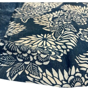 May include: A close-up of a folded textile with a repeating floral pattern. The design features large, stylized white flowers and leaves against a dark blue background. The fabric appears to be slightly textured.