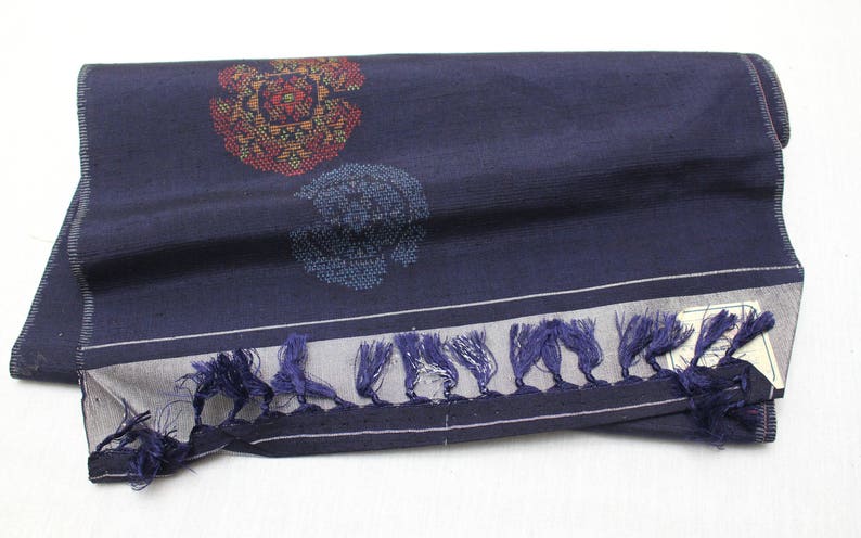 Japanese Ikat Silk. Japanese Silk. Pongee. Tsumugi. Hand Loomed. Hand Made. Kimono Fabric. Navy Blue Silk. Vintage Silk. Woven Silk Fabric. image 1