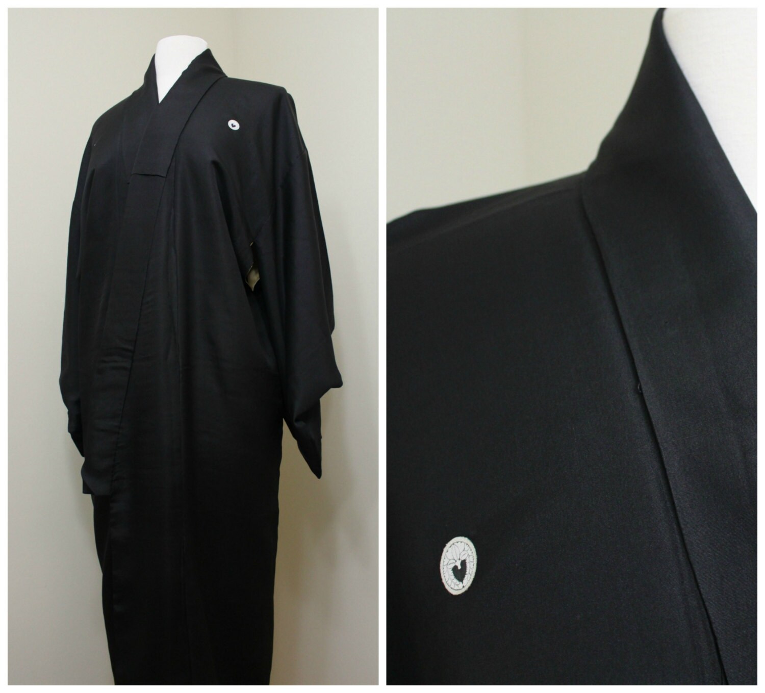 Japanese Vintage Silk Kimono. Black Lined Robe With Kamon / Mon design (Ref 039)