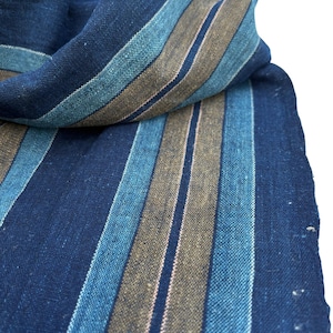 Pode incluir: Têxtil dobrado com listras verticais em tons de azul, verde-azulado e bege. O tecido parece ser tecido, com uma textura macia. As listras variam em largura, criando um padrão visualmente interessante. Provavelmente um lenço ou xale.