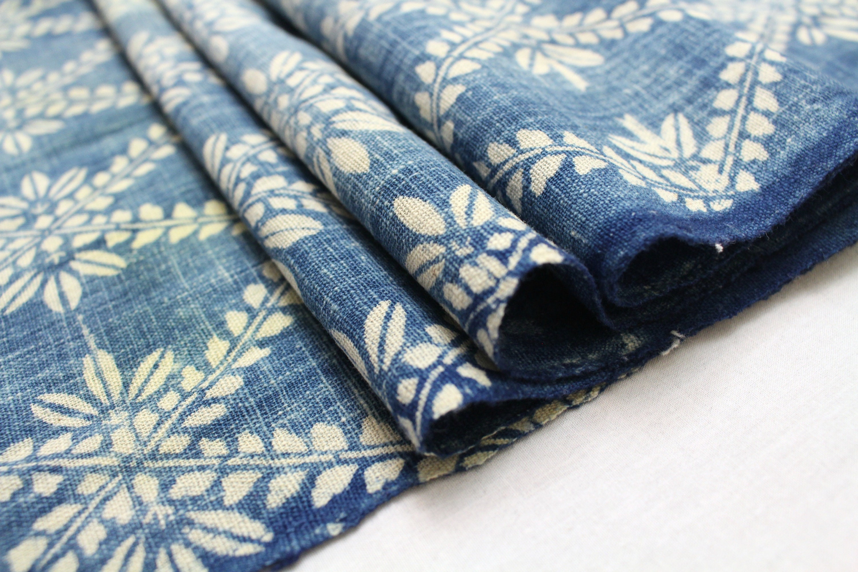 Japanese Katazome Cotton. Boro Textile. Natural Indigo Stencil Dyed ...
