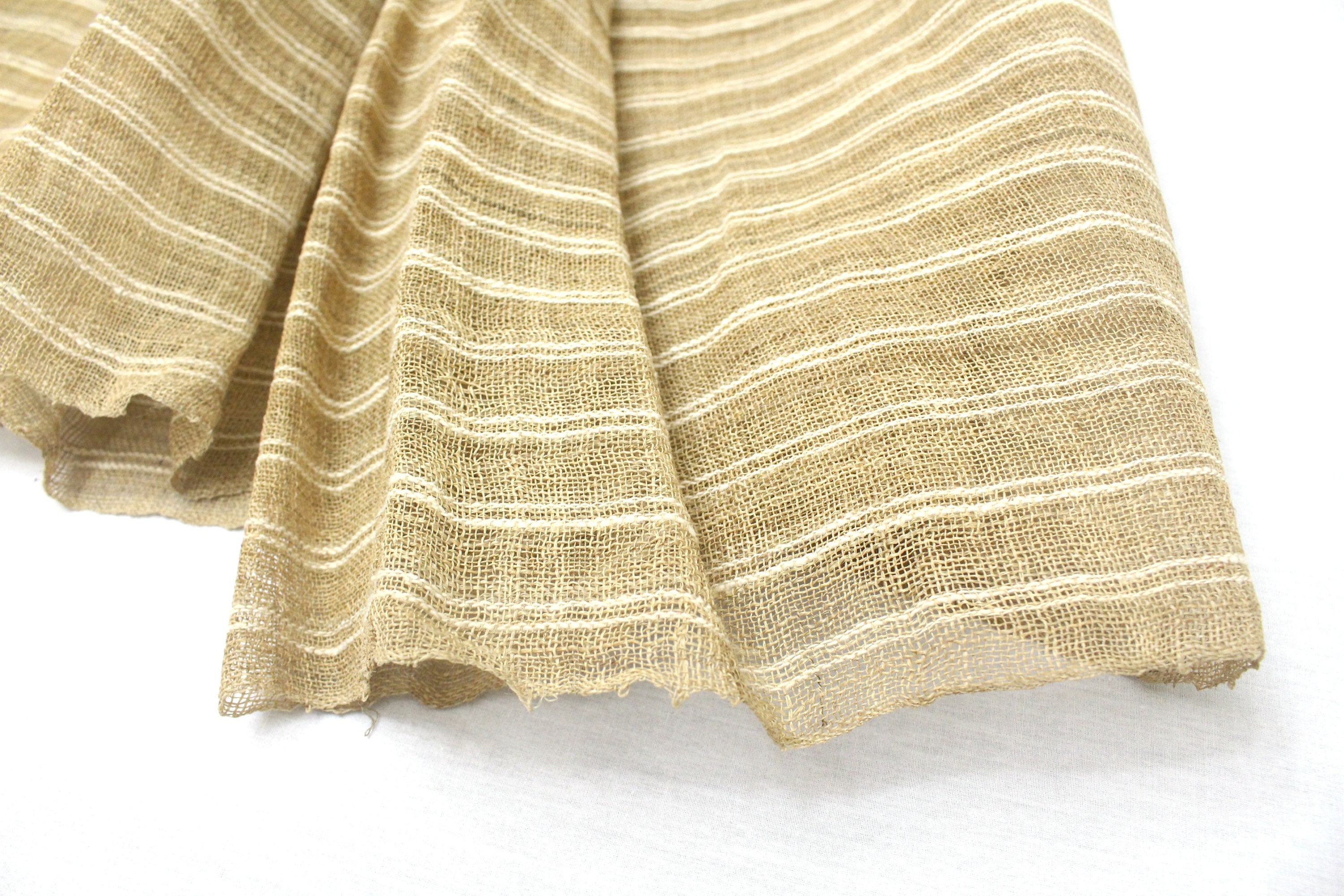 Vintage Hand Woven Hemp Textile. Natural Striped Ikat Fabric. (Ref 1653)