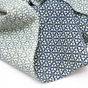 May include: Close-up of folded fabric with a geometric pattern. The fabric features a repeating design of small, interconnected shapes in shades of blue and off-white. The fabric is soft and appears to be cotton or a similar material.