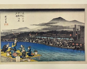 Utagawa Hiroshige. Lugares famosos en Kioto. Noche fresca en el lecho del río en Shijo. Ukiyo-E japonés. Reproducción de xilografía japonesa