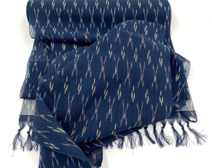 Japanese Ikat. Silk Wool Mix. Vintage Fabric. Indigo Dyed Ikat Scarf. Japanese Indigo. Woven Fabric. Blue Yellow Red. Sheer Blue Fabric