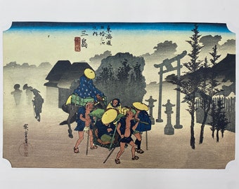 Utagawa Hiroshige. 53 Estaciones del Tokaido. Estación 11 Mishima. Ukiyo-E japonés. Reproducción de impresión japonesa. Arte japonés